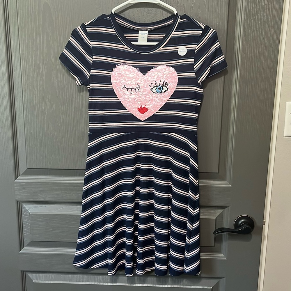 Arizona navy and pink strip Cotten dress for girls size L/14